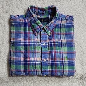 Vintage Polo Ralph Lauren Mens Size Large Multicolor Blue/Green 100% Linen